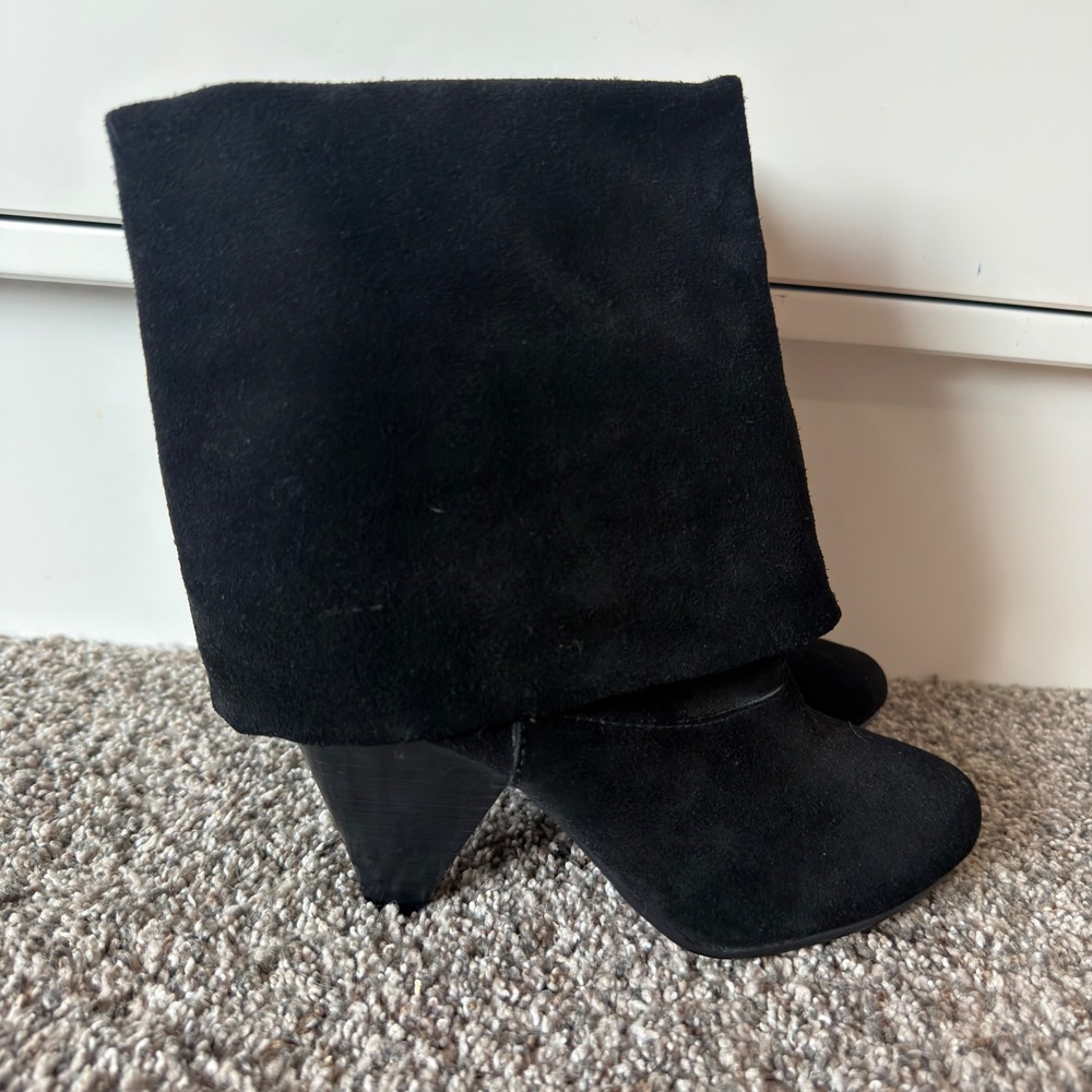 Steve Madden Black Suede Fold Over Ankle Boots Leather Cone Heel Booties Women 6